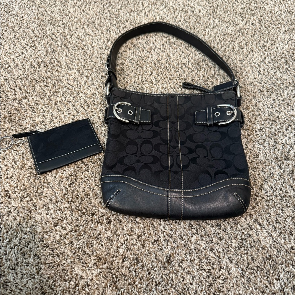 Coach Black Signature Canvas Shoulder Bag with Coin Pouch